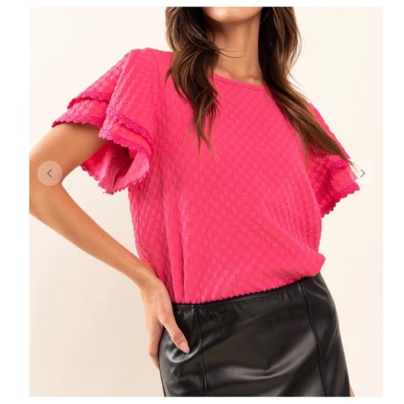 35 Boho Textured Double Ruffle Short Sleeve Top - Picture 7 of 7